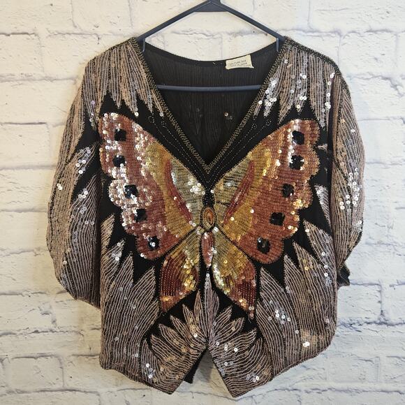st. honore Tops - ST.Honore butterflies silk beaded/sequins evening blouse woman size Large?? 80's